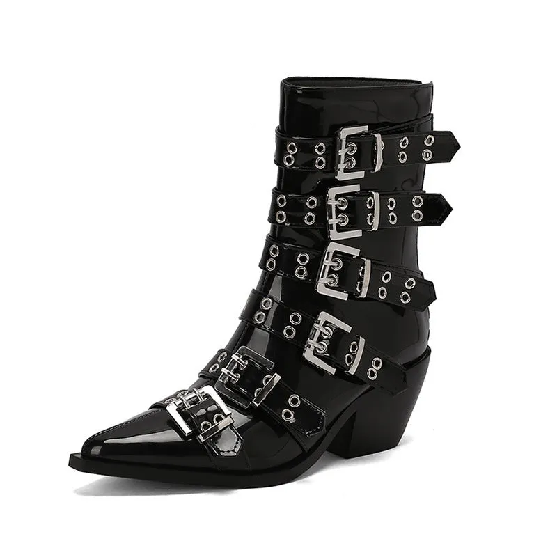Autumn winter pointed knight women's boots with belt buckle, black patent leather, plus sizes