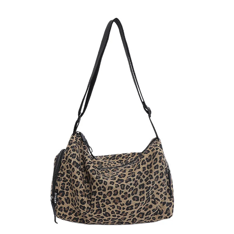 Large capacity leopard print sports style shoulder messenger bag with breathable cloth and stitching details