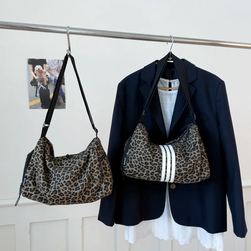 Large capacity leopard print sports style shoulder messenger bag with breathable cloth and stitching details