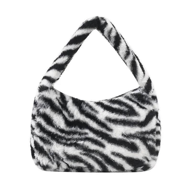 Plush shoulder bag in animal print with single strap, retro style for women