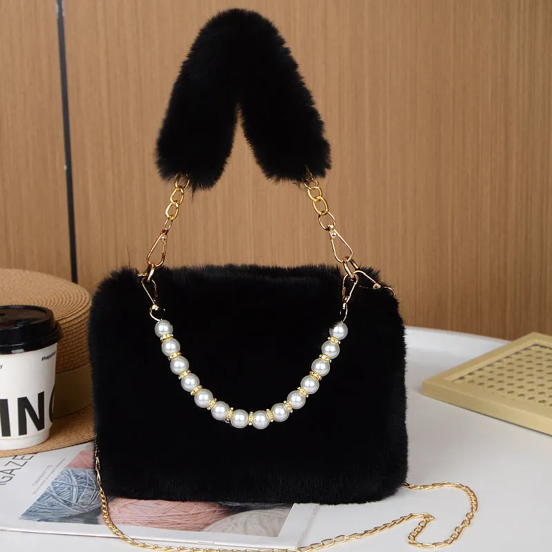 Fashion plush chain crossbody bag in milky white with soft synthetic leather lining and horizontal square shape