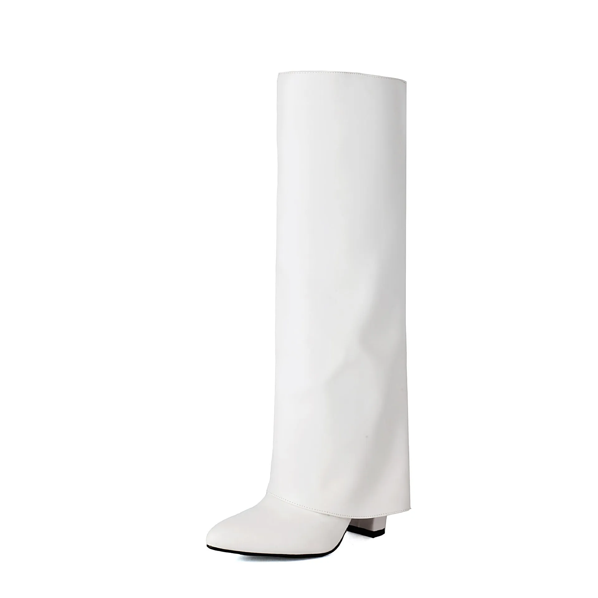 Women's plus size thick high heel boot in black with high cylinder sock and sewing line detail