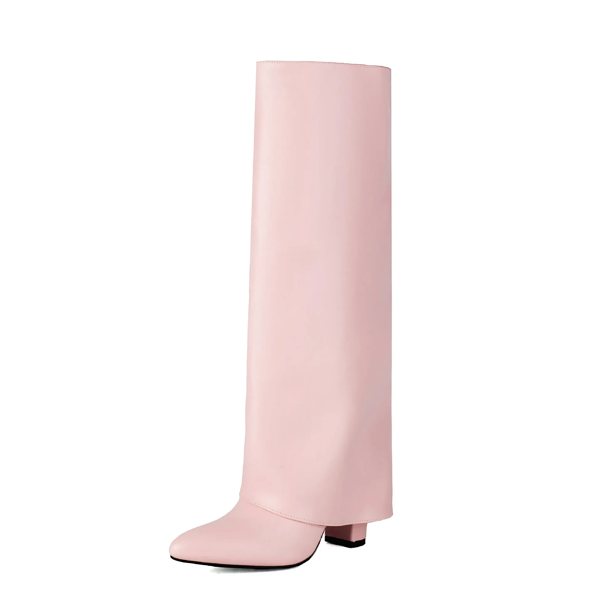 Women's plus size thick high heel boot in black with high cylinder sock and sewing line detail