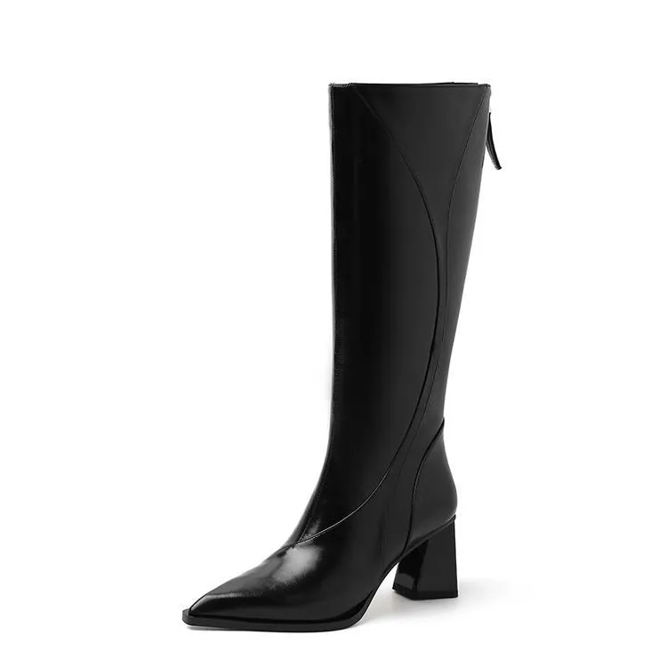 Retro Maillard tube high heel riding boots in black cowhide leather with waterproof platform and high shaft
