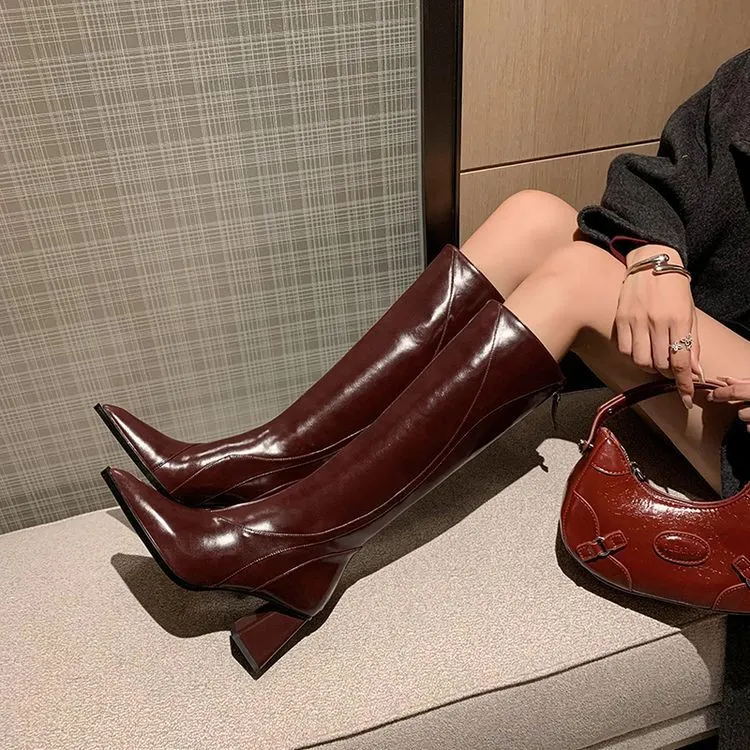 Retro Maillard tube high heel riding boots in black cowhide leather with waterproof platform and high shaft
