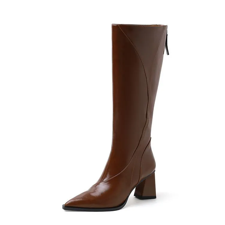 Retro Maillard tube high heel riding boots in black cowhide leather with waterproof platform and high shaft