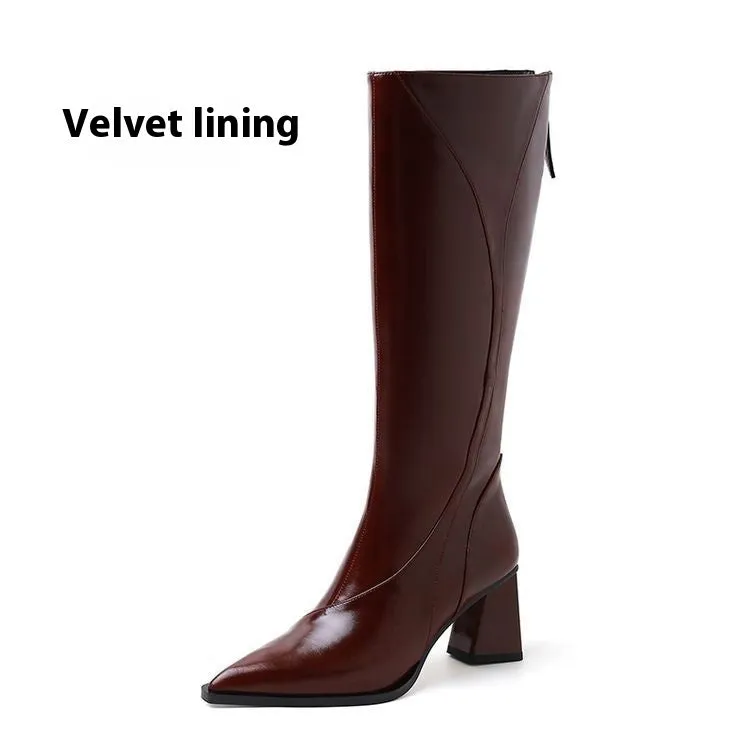 Retro Maillard tube high heel riding boots in black cowhide leather with waterproof platform and high shaft