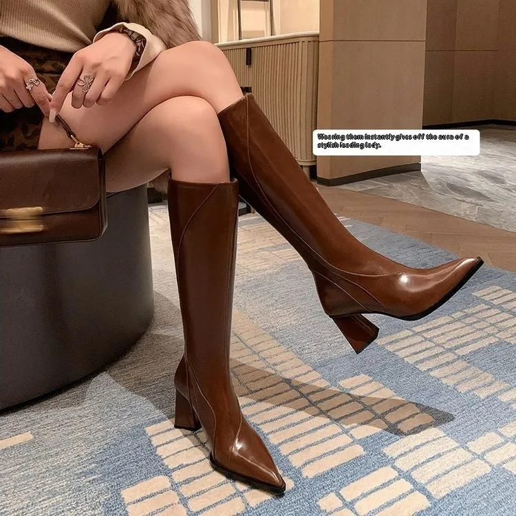 Retro Maillard tube high heel riding boots in black cowhide leather with waterproof platform and high shaft