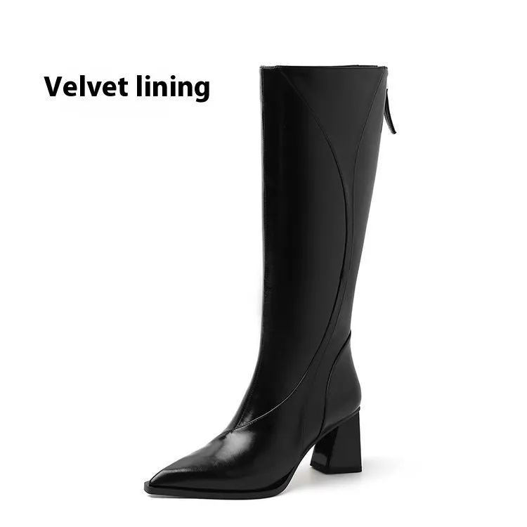 Retro Maillard tube high heel riding boots in black cowhide leather with waterproof platform and high shaft