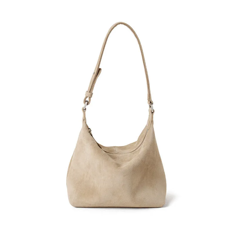 Large capacity goat skin suede pillow-shaped tote bag with sewing thread detail, 20x11x13cm, available in nine colours