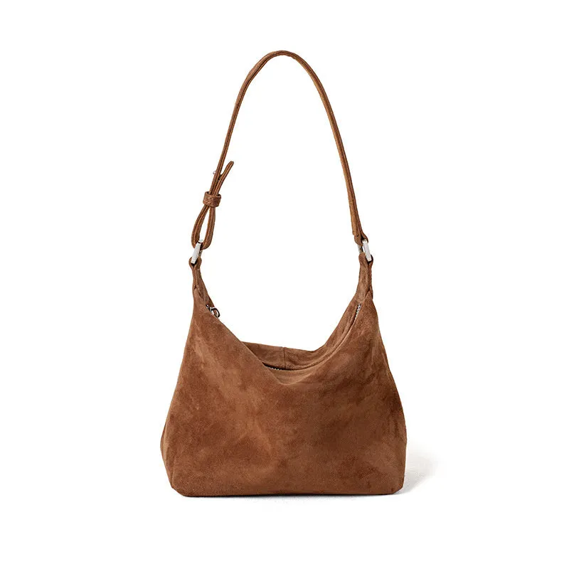 Large capacity goat skin suede pillow-shaped tote bag with sewing thread detail, 20x11x13cm, available in nine colours
