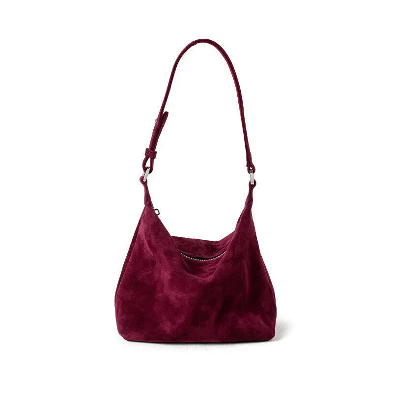 Large capacity goat skin suede pillow-shaped tote bag with sewing thread detail, 20x11x13cm, available in nine colours
