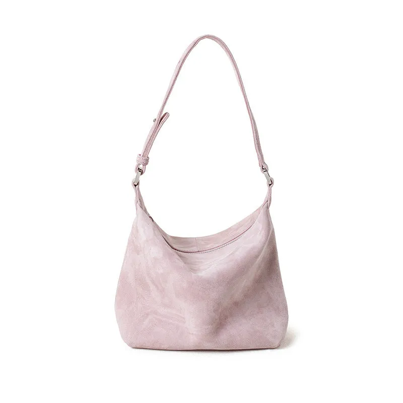Large capacity goat skin suede pillow-shaped tote bag with sewing thread detail, 20x11x13cm, available in nine colours