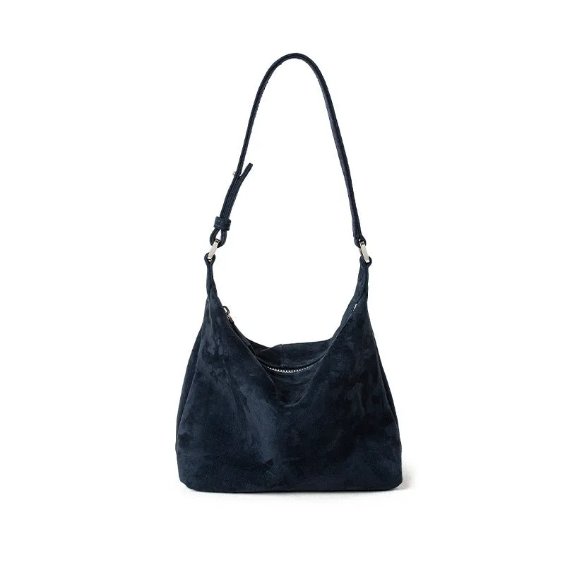 Large capacity goat skin suede pillow-shaped tote bag with sewing thread detail, 20x11x13cm, available in nine colours