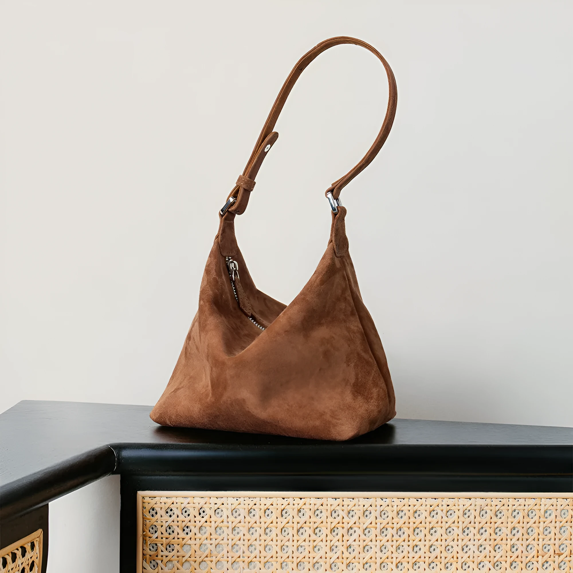 Large capacity goat skin suede pillow-shaped tote bag with sewing thread detail, 20x11x13cm, available in nine colours