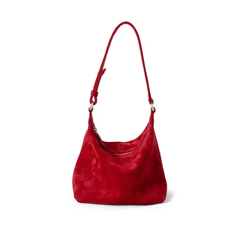 Large capacity goat skin suede pillow-shaped tote bag with sewing thread detail, 20x11x13cm, available in nine colours