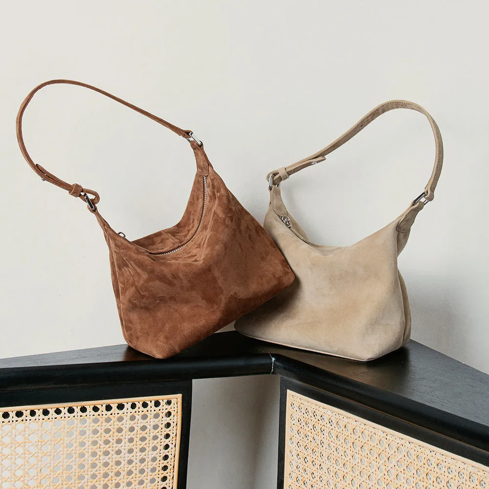 Large capacity goat skin suede pillow-shaped tote bag with sewing thread detail, 20x11x13cm, available in nine colours