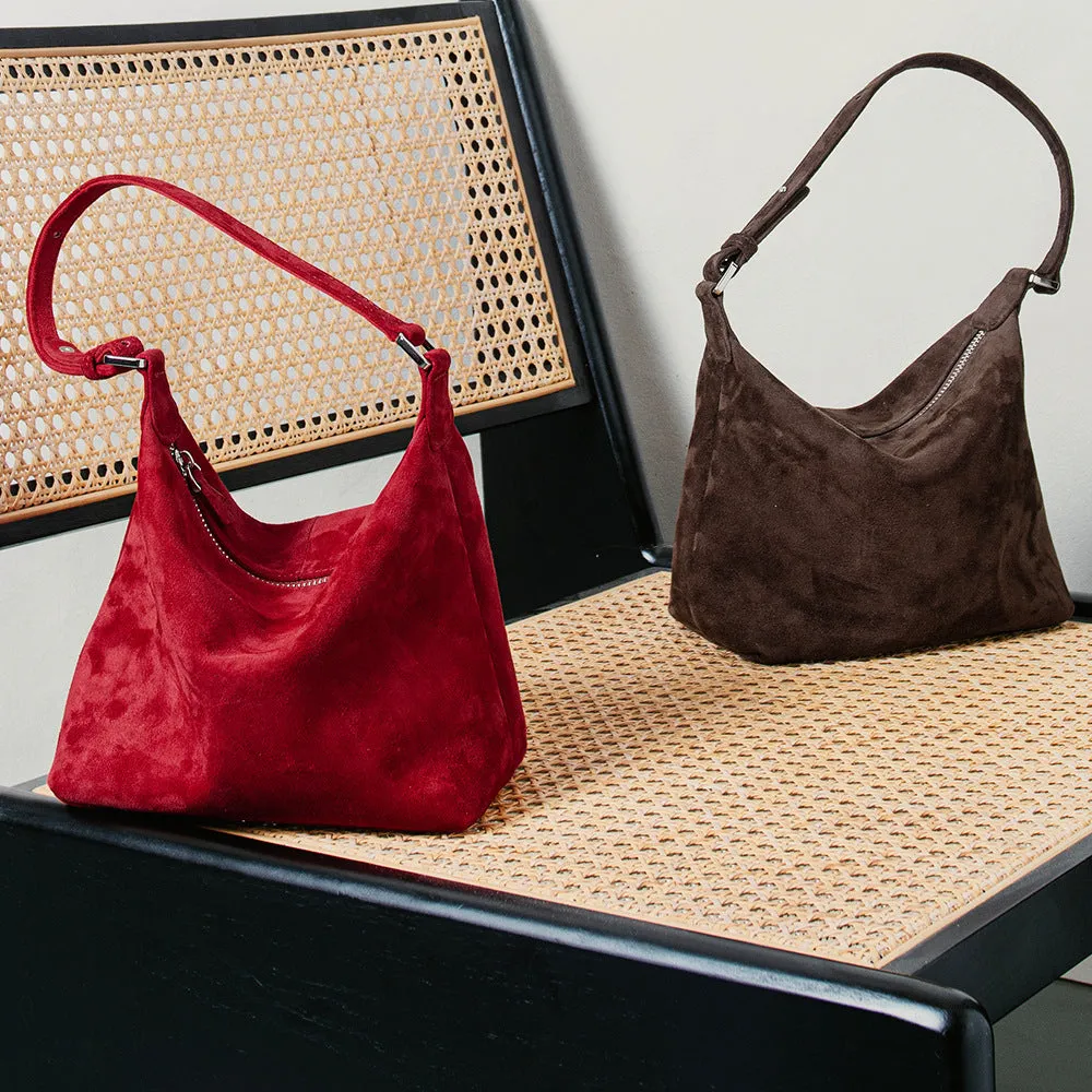 Large capacity goat skin suede pillow-shaped tote bag with sewing thread detail, 20x11x13cm, available in nine colours