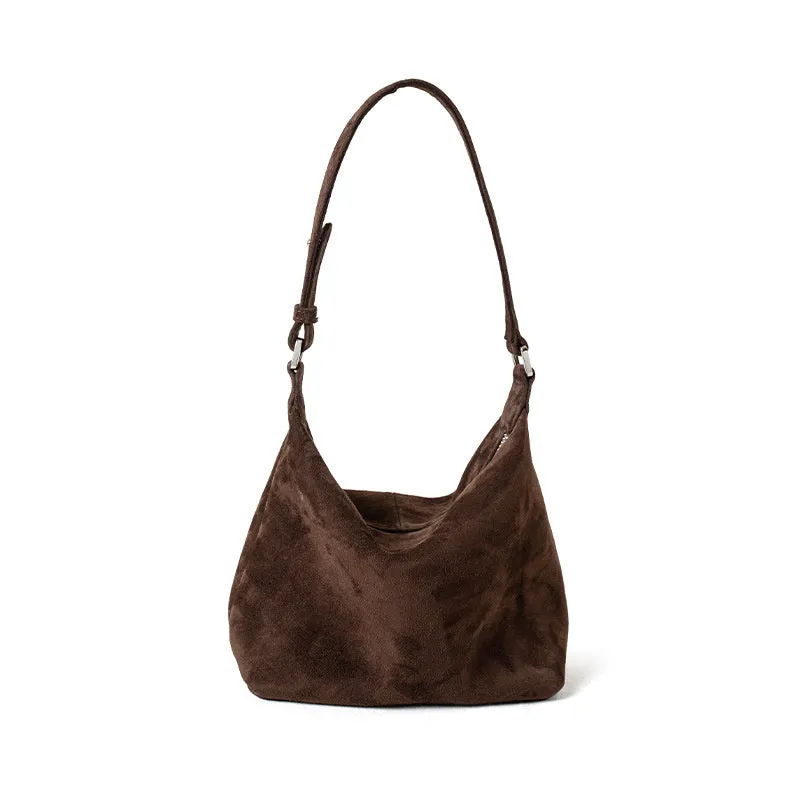 Large capacity goat skin suede pillow-shaped tote bag with sewing thread detail, 20x11x13cm, available in nine colours