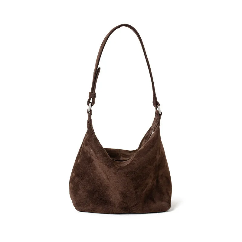 Large capacity goat skin suede pillow-shaped tote bag with sewing thread detail, 20x11x13cm, available in nine colours