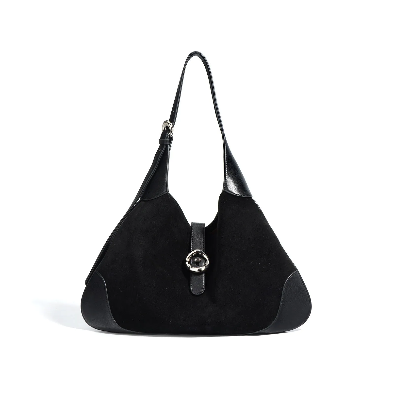 New retro commuter shoulder bag in matte cowhide with outer pocket, available in black colour