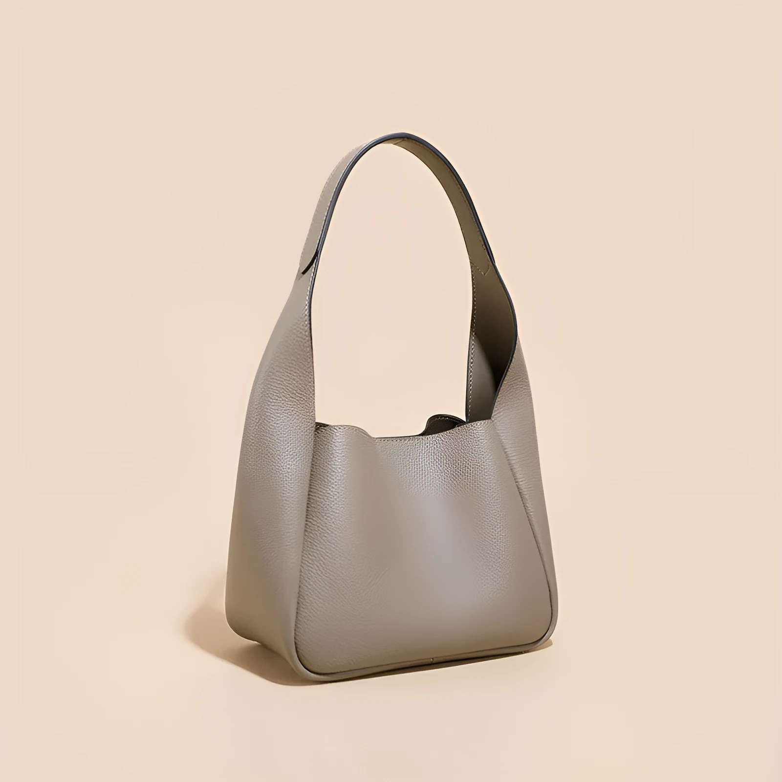 Top layer cowhide genuine leather women's shoulder bag in camel colour, horizontal square shape with sewing thread detail