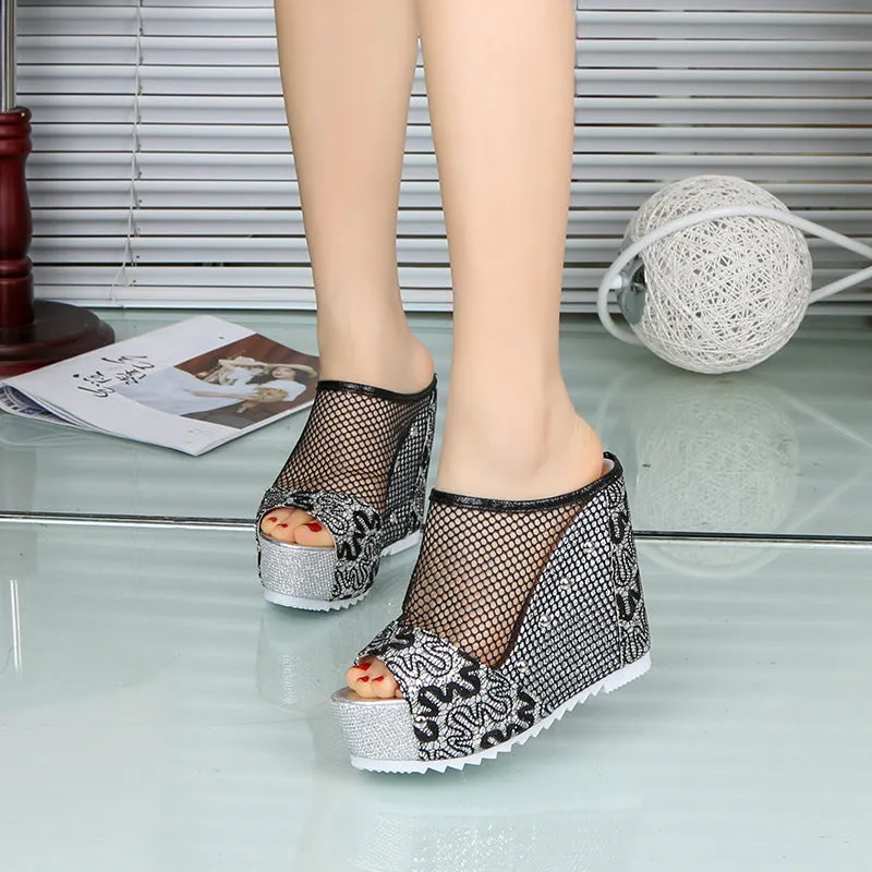 Korean chunky heel platform flip flops with hollowed-out heel design in black, silver, and gold colours