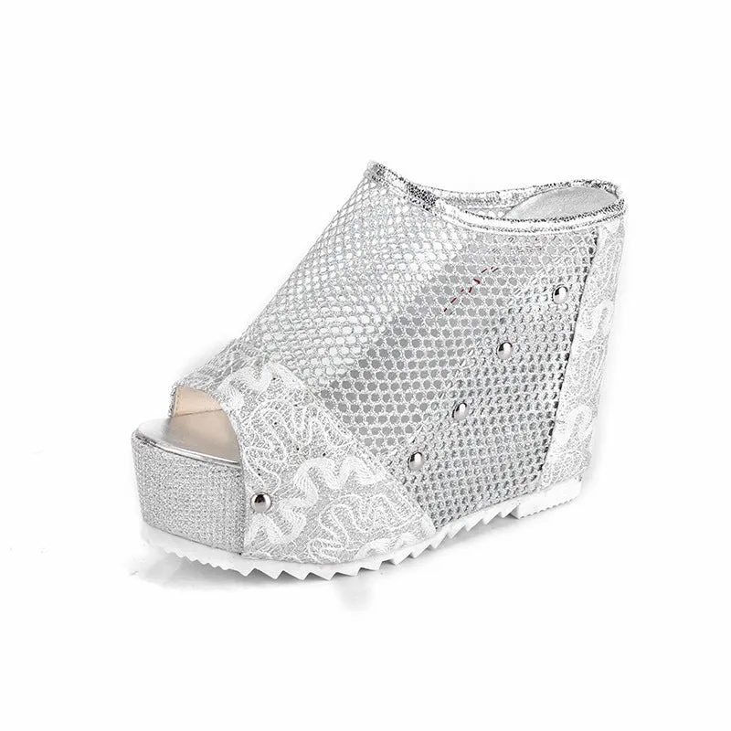 Korean chunky heel platform flip flops with hollowed-out heel design in black, silver, and gold colours