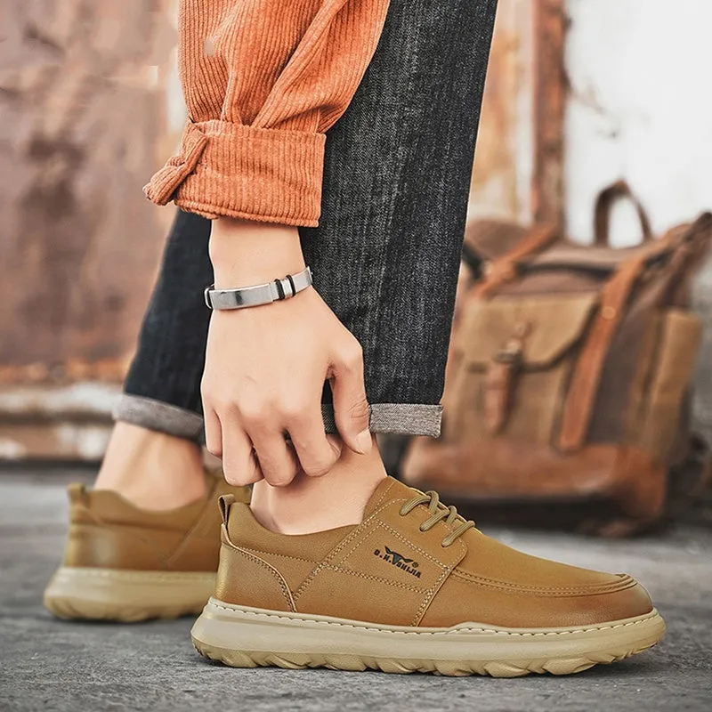 Men's casual leather shoes with lightweight rubber foam sole, plain surface, available in yellow and gray, sizes 38-44