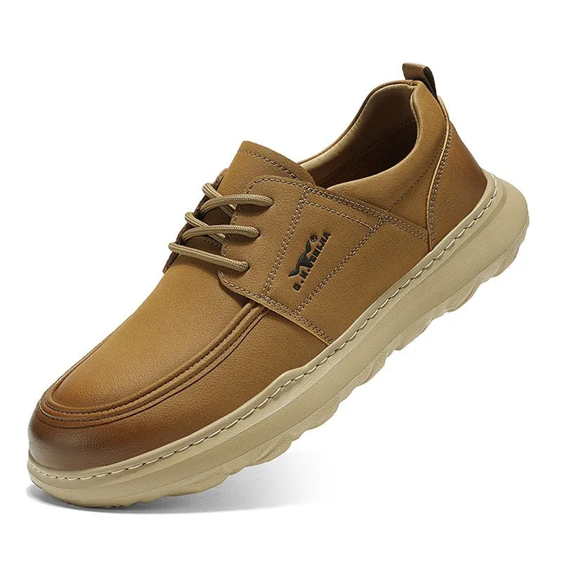 Men's casual leather shoes with lightweight rubber foam sole, plain surface, available in yellow and gray, sizes 38-44