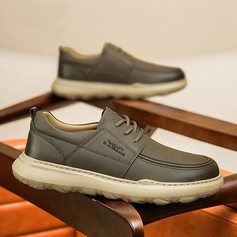 Men's casual leather shoes with lightweight rubber foam sole, plain surface, available in yellow and gray, sizes 38-44