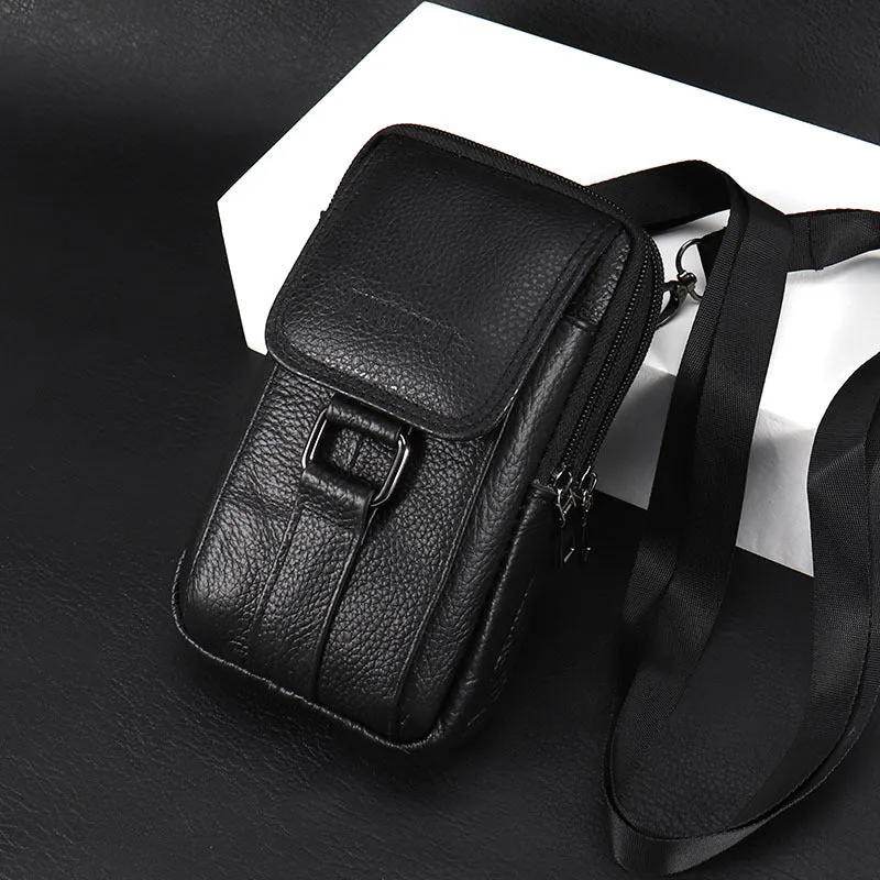 Genuine leather men's mobile phone waist bag in square vertical shape with sewing line detailing black large size