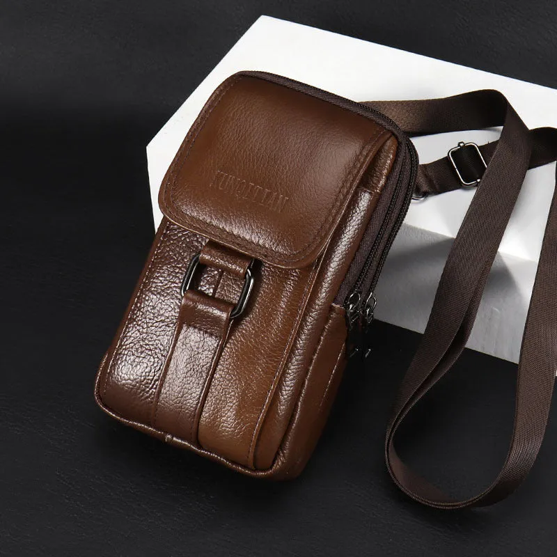 Genuine leather men's mobile phone waist bag in square vertical shape with sewing line detailing black large size