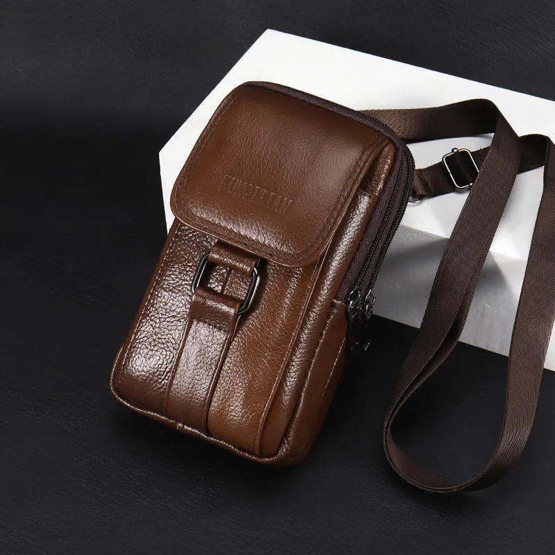 Genuine leather men's mobile phone waist bag in square vertical shape with sewing line detailing black large size