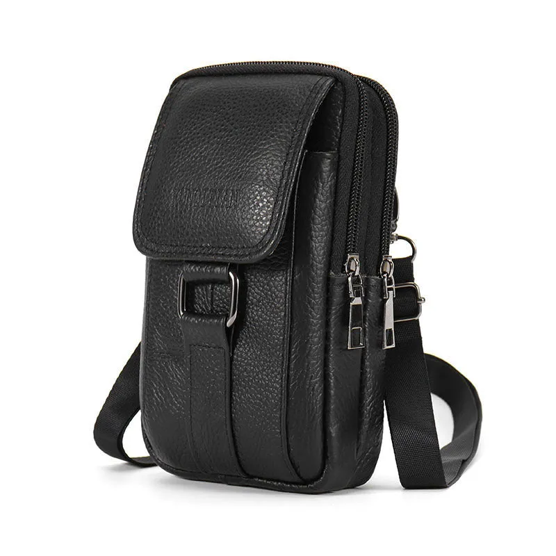 Genuine leather men's mobile phone waist bag in square vertical shape with sewing line detailing black large size