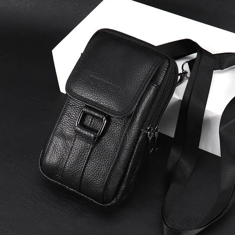 Genuine leather men's mobile phone waist bag in square vertical shape with sewing line detailing black large size