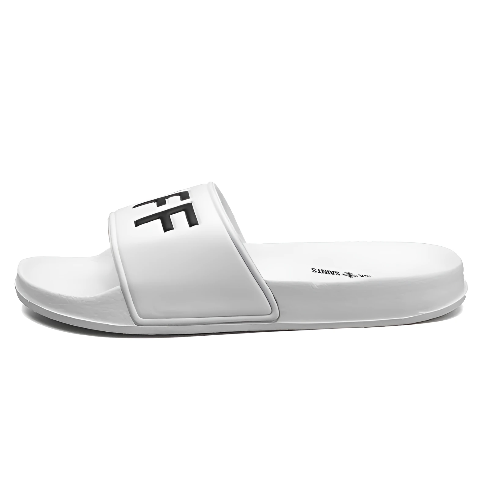 Men's large black and white open toe slippers with a rubber sole on a plain background.