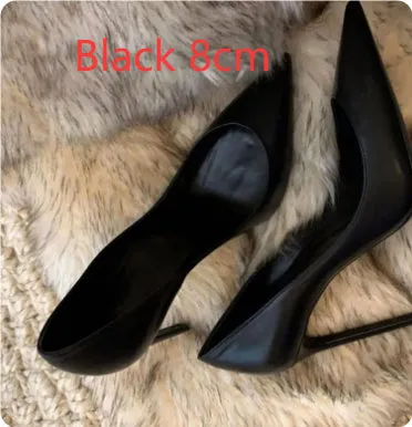 Women's black PU pump shoe with stiletto heel upgrade reinforcement version on a light background