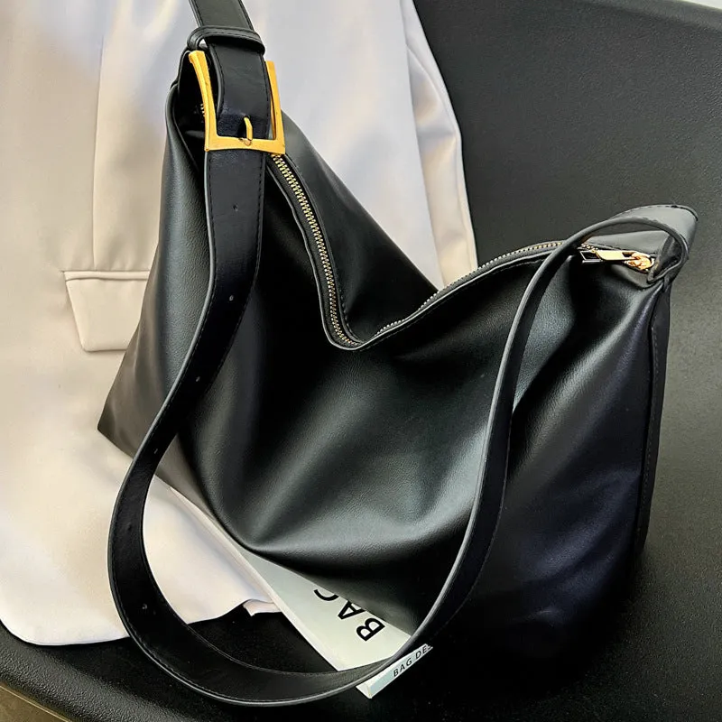 Large capacity simple PU tote bag in black, brown, or coffee colour with single shoulder strap and no lining