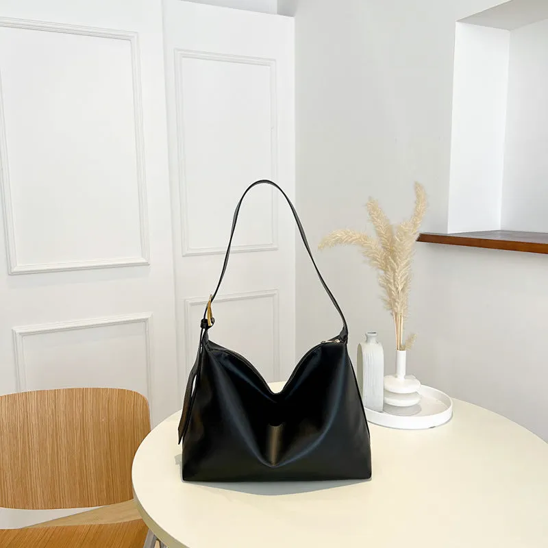 Large capacity simple PU tote bag in black, brown, or coffee colour with single shoulder strap and no lining