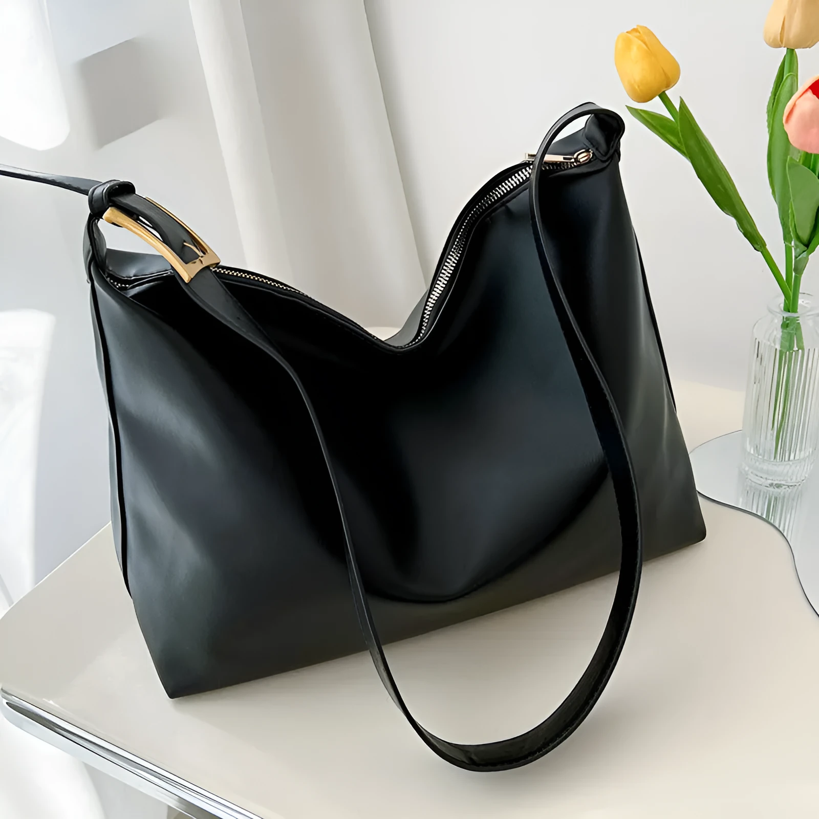Large capacity simple PU tote bag in black, brown, or coffee colour with single shoulder strap and no lining