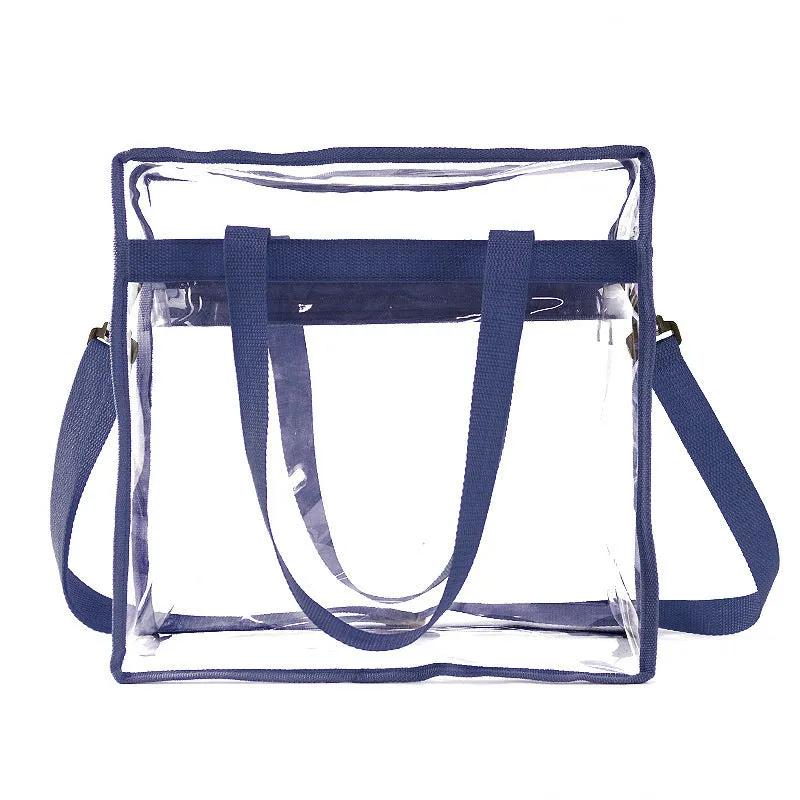 Women's transparent PVC crossbody messenger bag with a black side net pocket, shown in a horizontal square shape.