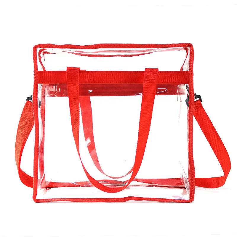 Women's transparent PVC crossbody messenger bag with a black side net pocket, shown in a horizontal square shape.