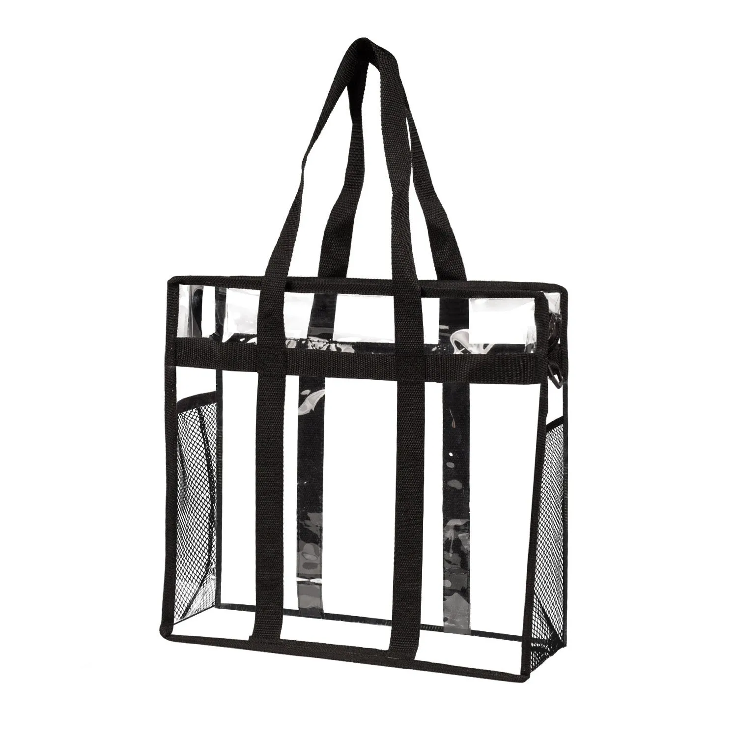 Women's transparent PVC crossbody messenger bag with a black side net pocket, shown in a horizontal square shape.