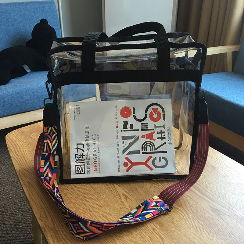 Women's transparent PVC crossbody messenger bag with a black side net pocket, shown in a horizontal square shape.
