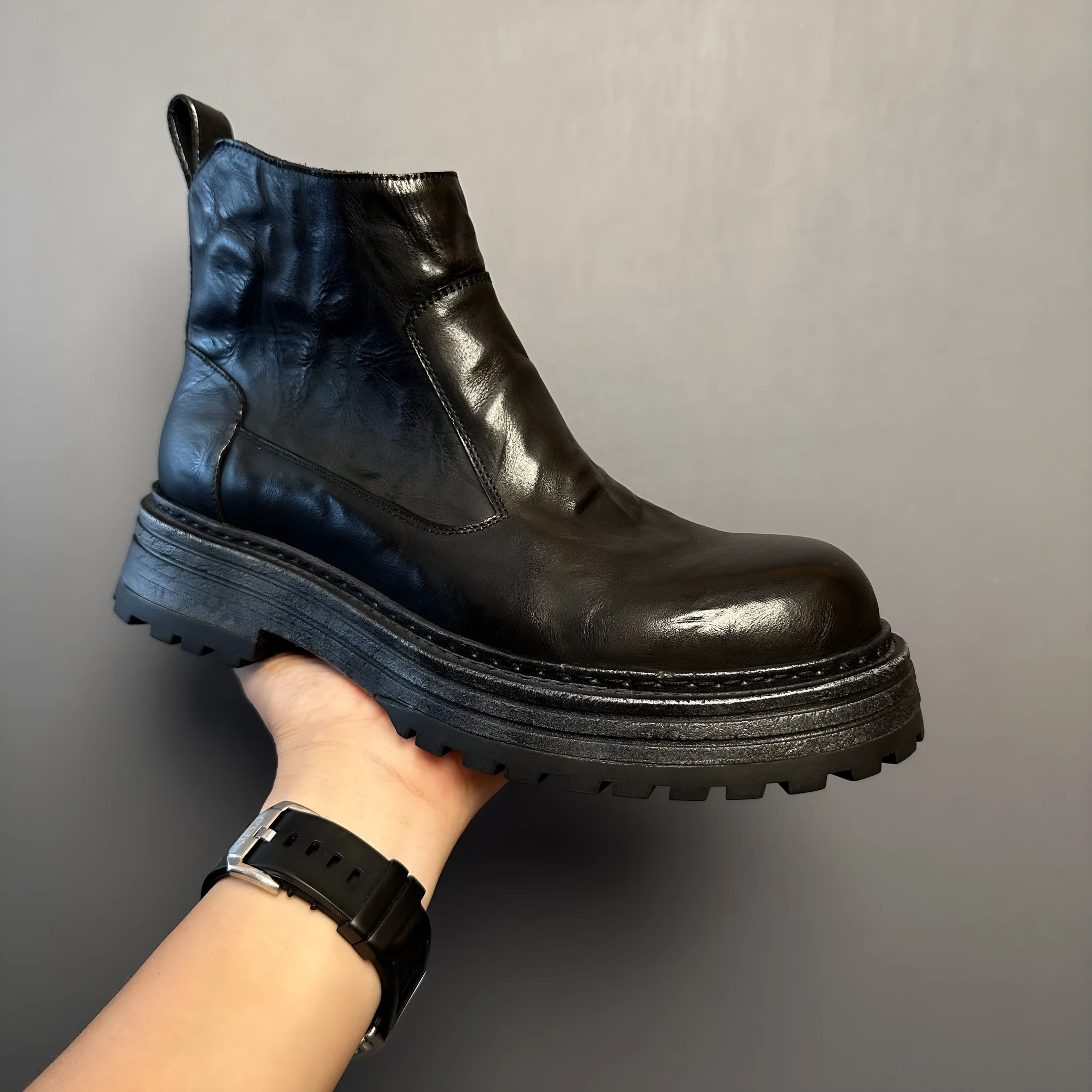 Retro Chelsea men's winter worker boot, mid-top, horse leather, black, zip closure, rubber sole