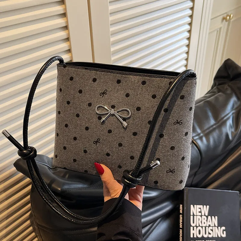 Canvas polka dot bow crossbody bag in PU with double shoulder straps horizontal square shape