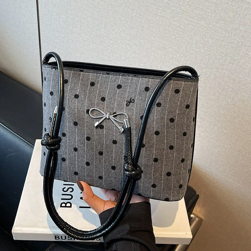 Canvas polka dot bow crossbody bag in PU with double shoulder straps horizontal square shape