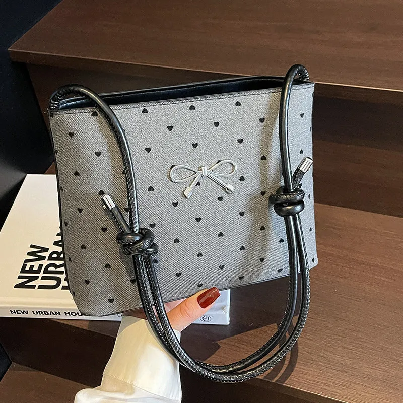 Canvas polka dot bow crossbody bag in PU with double shoulder straps horizontal square shape