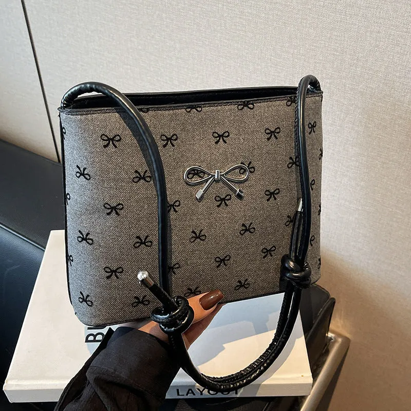 Canvas polka dot bow crossbody bag in PU with double shoulder straps horizontal square shape